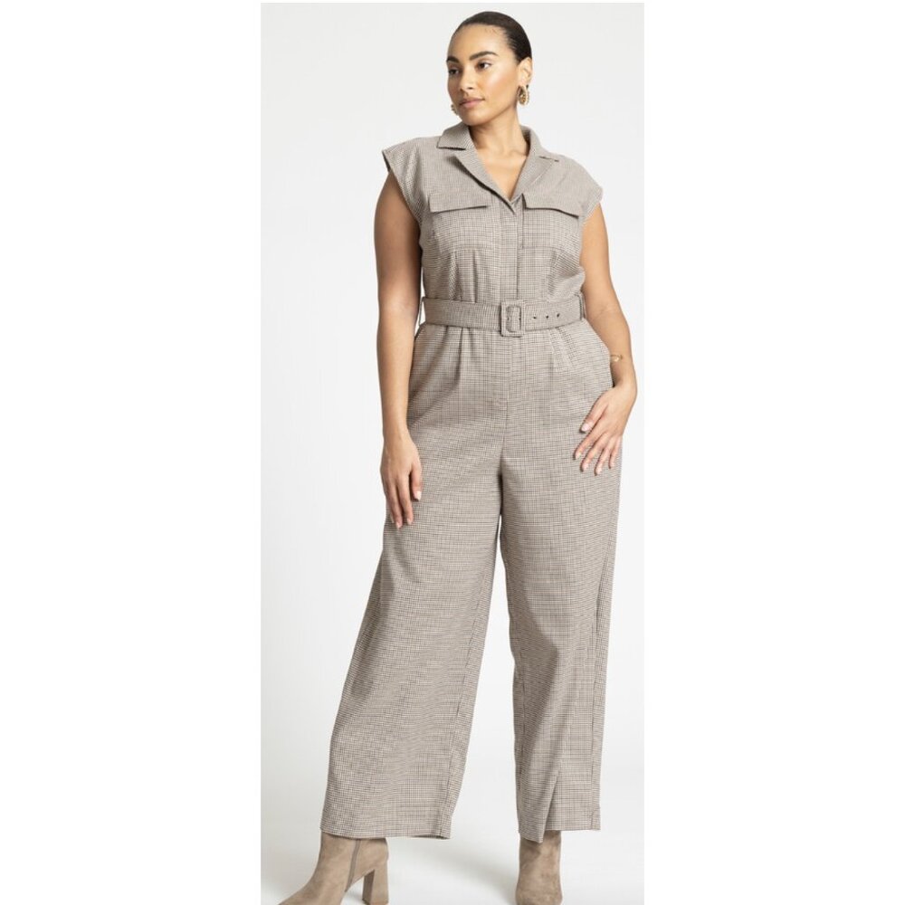 ELOQUII Belted Wide Leg Sleeveless Jumpsuit in Tan Plaid - Size US 24